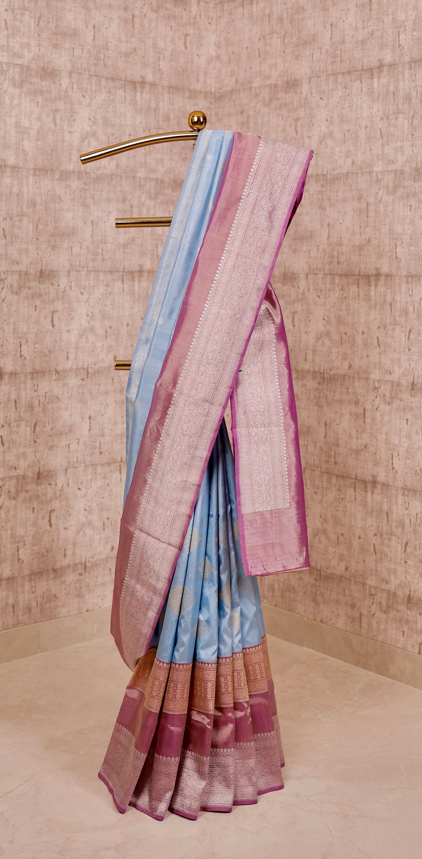 Handwoven Light Blue Katan Silk & Purple Kadiyal Tissue Border Saree