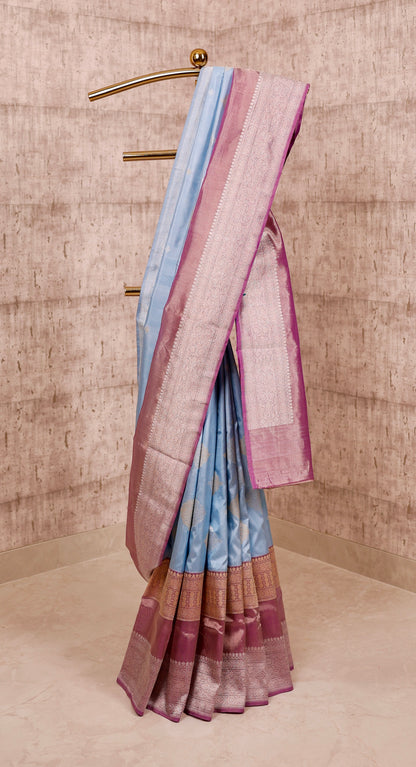 Handwoven Light Blue Katan Silk & Purple Kadiyal Tissue Border Saree