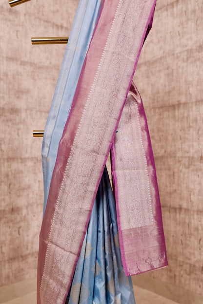 Handwoven Light Blue Katan Silk & Purple Kadiyal Tissue Border Saree