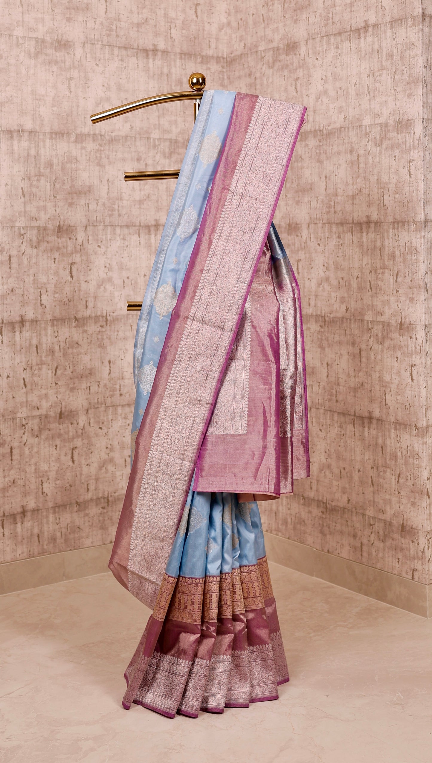 Handwoven Light Blue Katan Silk & Purple Kadiyal Tissue Border Saree