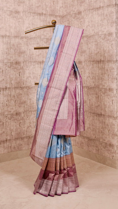 Handwoven Light Blue Katan Silk & Purple Kadiyal Tissue Border Saree