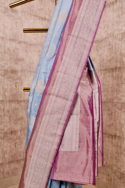 Handwoven Light Blue Katan Silk & Purple Kadiyal Tissue Border Saree