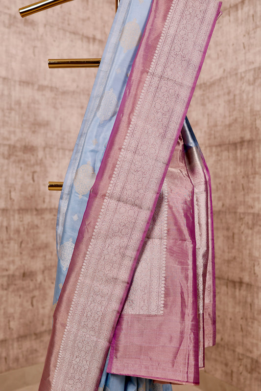 Handwoven Light Blue Katan Silk & Purple Kadiyal Tissue Border Saree