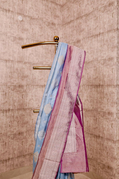 Handwoven Light Blue Katan Silk & Purple Kadiyal Tissue Border Saree