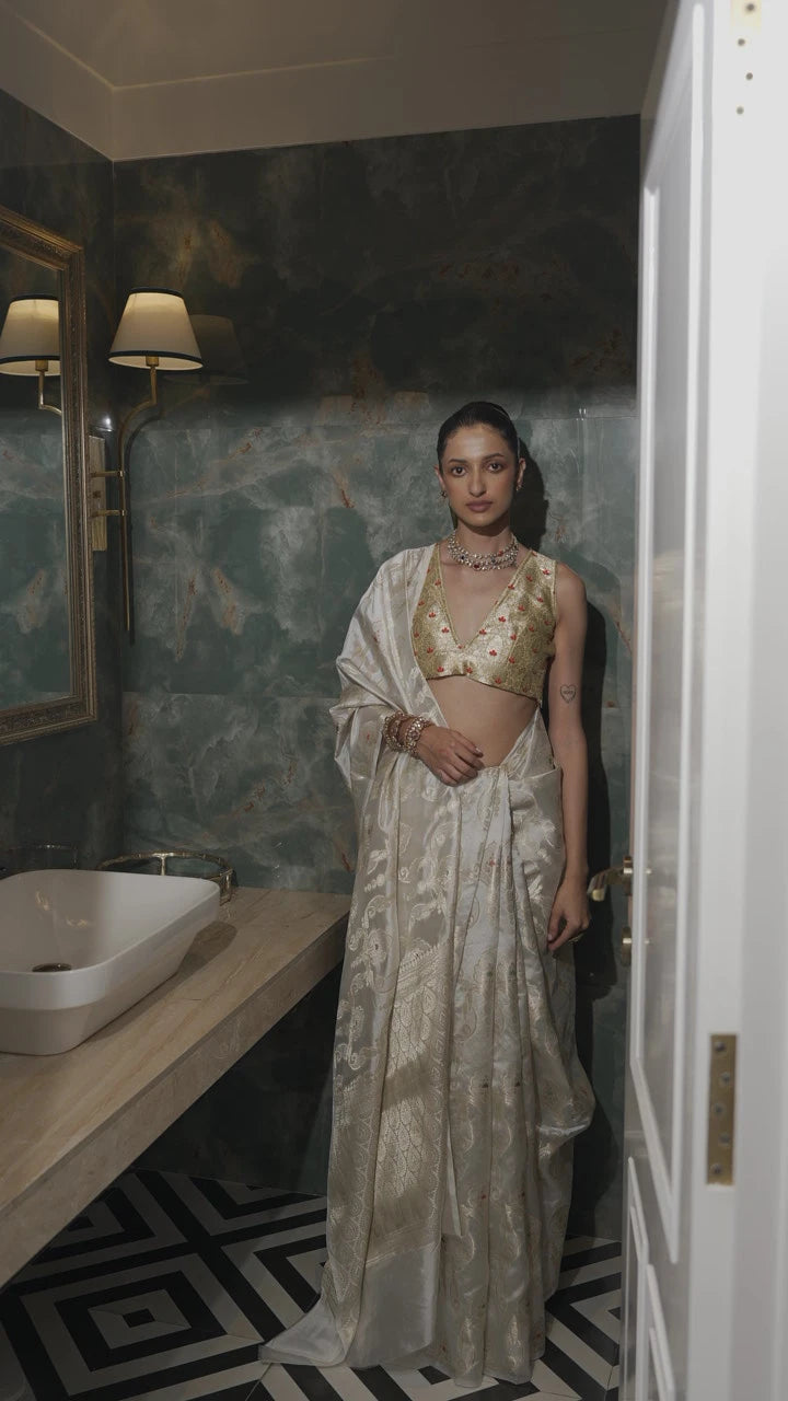 Handwoven Ivory Soft Silk Meenakari Jaal Banarasi Saree