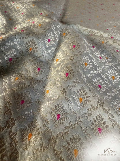Handwoven Grey Silk Brocade Meenakari Fabric Thaan