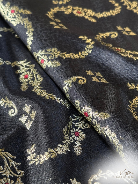 Handwoven Black Silk Tanchoi Meenakari Jaal Fabric Thaan