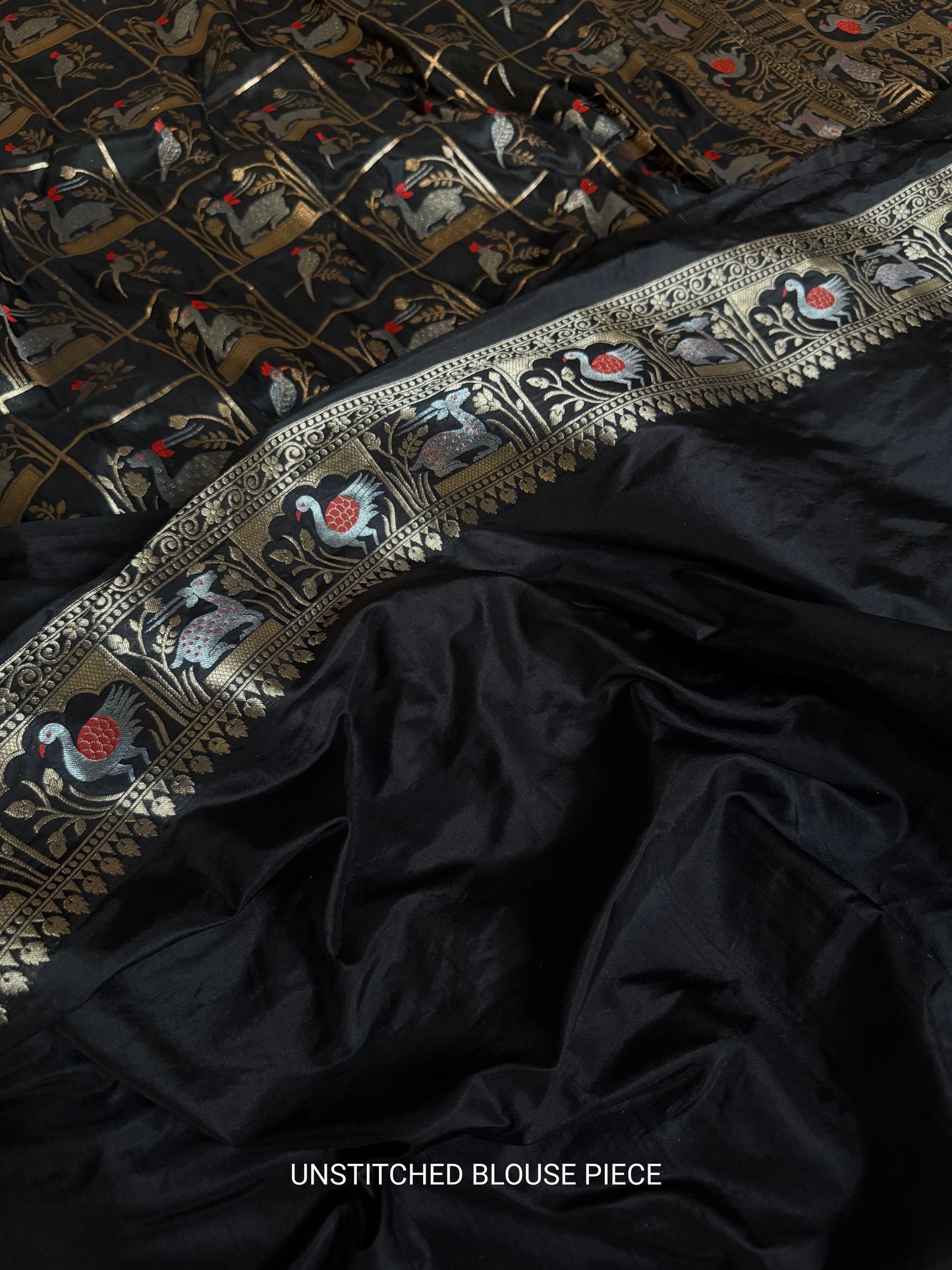 Handwoven Black Katan Silk Shikargah Banarasi Saree