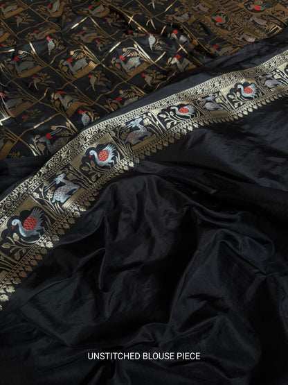 Handwoven Black Katan Silk Shikargah Banarasi Saree