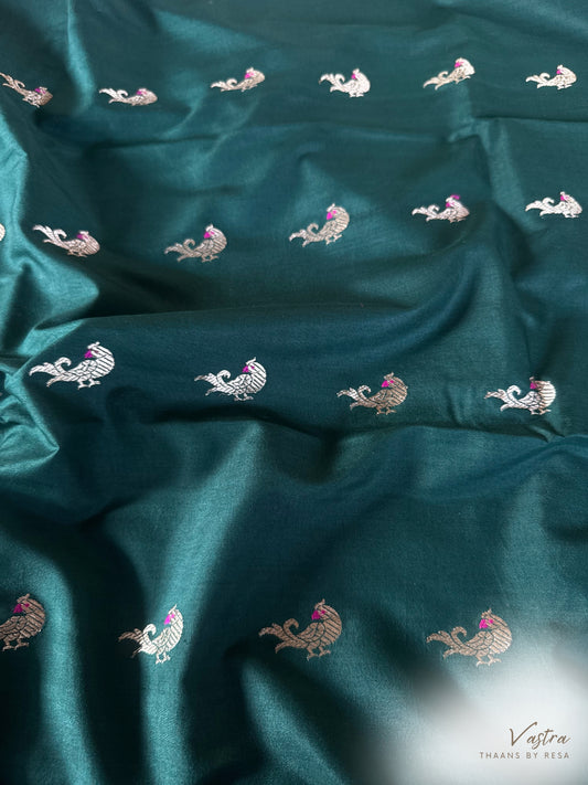 Handwoven Bottle Green Bird Meenakari Fabric Thaan