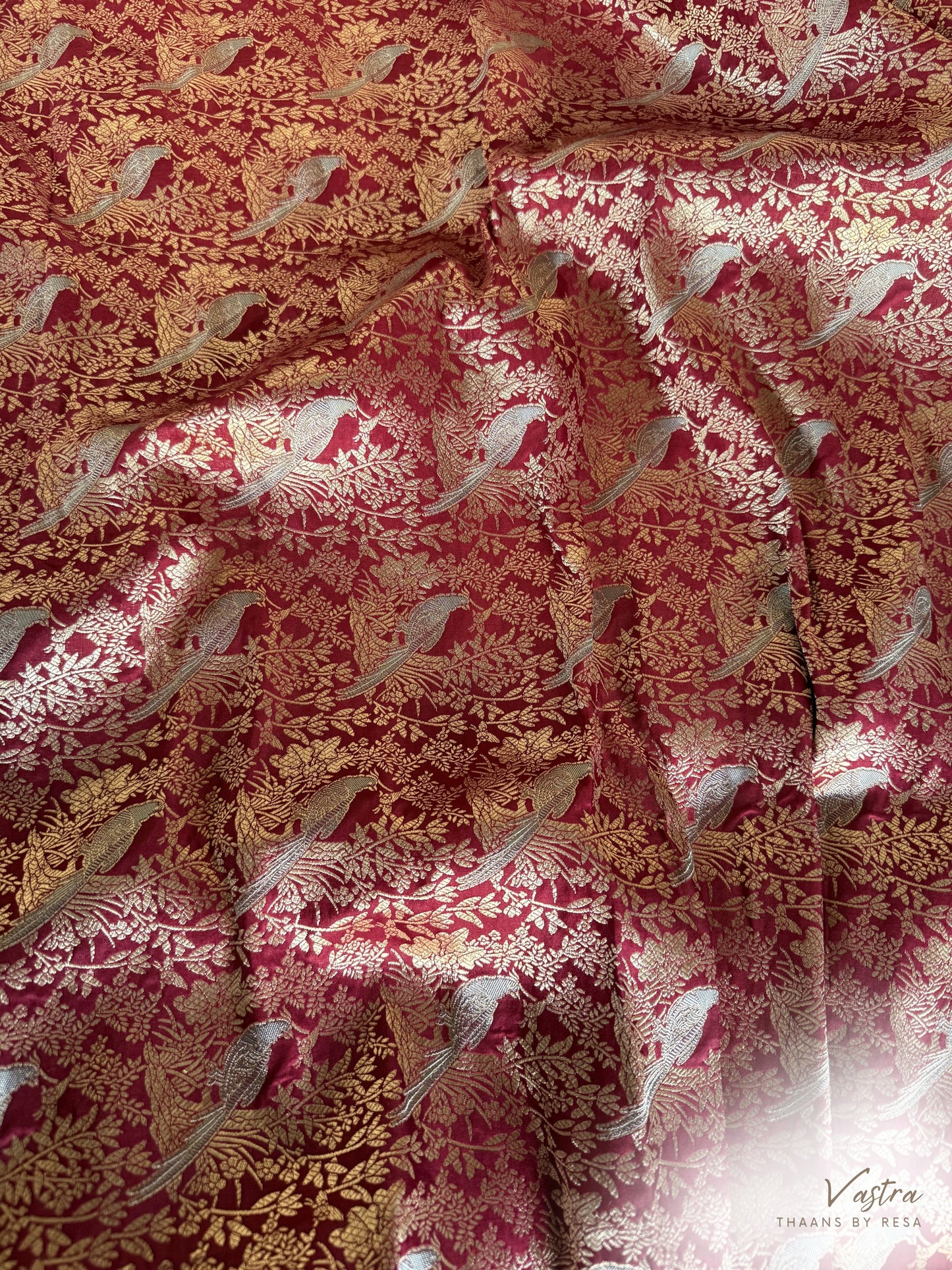 Handwoven Maroon Bird Shikargah Fabric Thaan