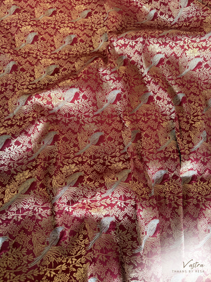 Handwoven Maroon Bird Shikargah Fabric Thaan
