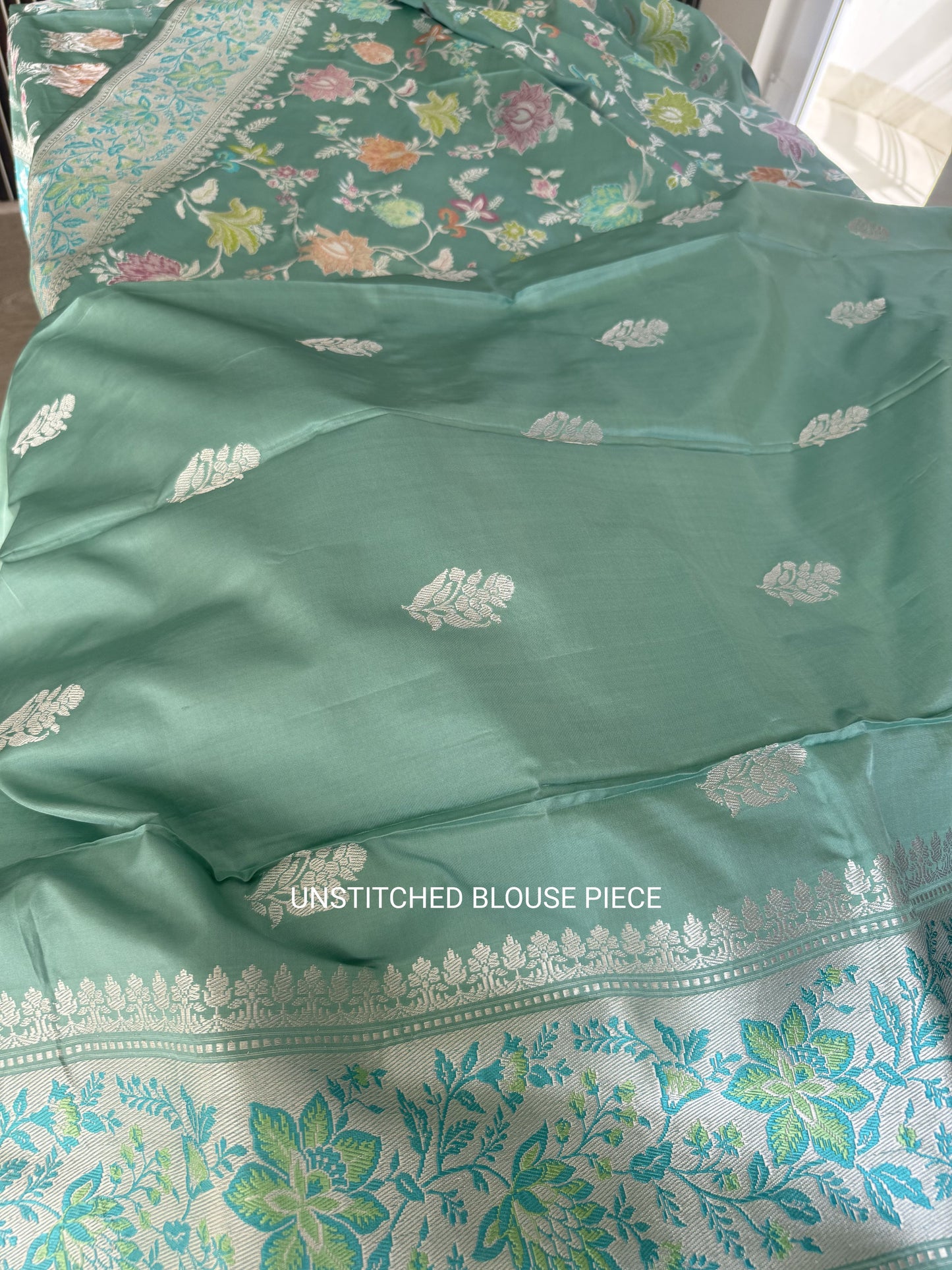 Handwoven Aqua Silver Zari Kadhwa Jaal Saree with Resham Border