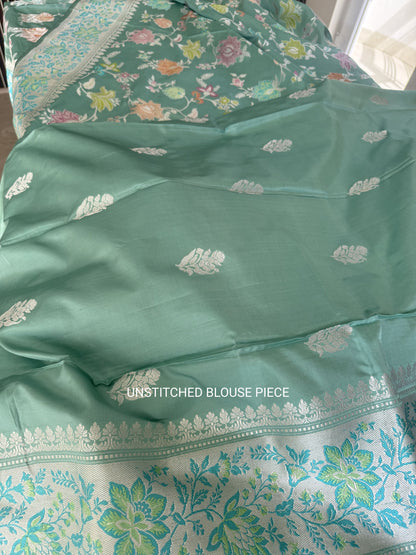 Handwoven Aqua Silver Zari Kadhwa Jaal Saree with Resham Border