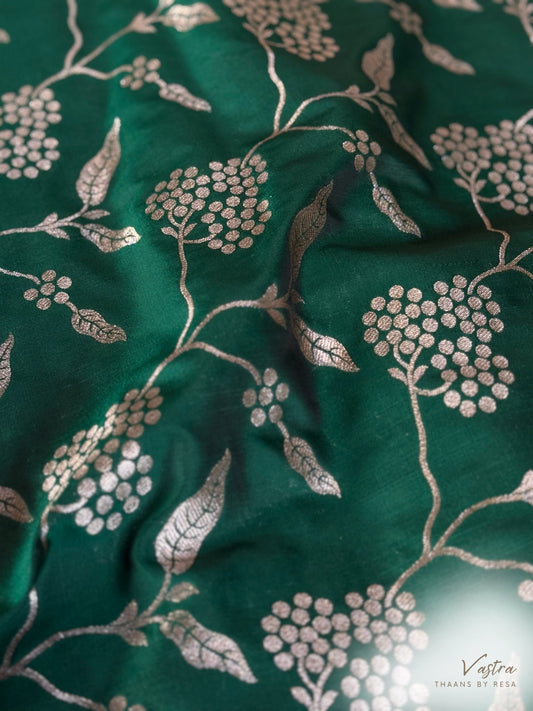 Handwoven Bottle Green Silk Jaal Fabric Thaan