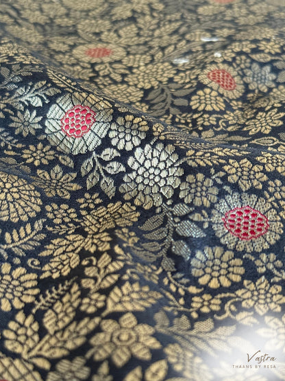 Handwoven Black Silk Brocade Meenakari Fabric Thaan