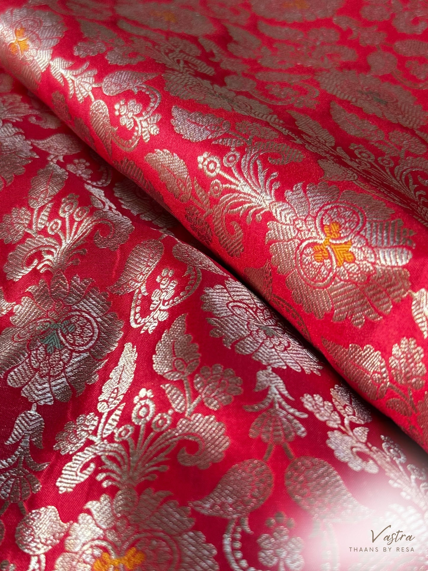 Handwoven Red Silk Meenakari Jaal Fabric Thaan