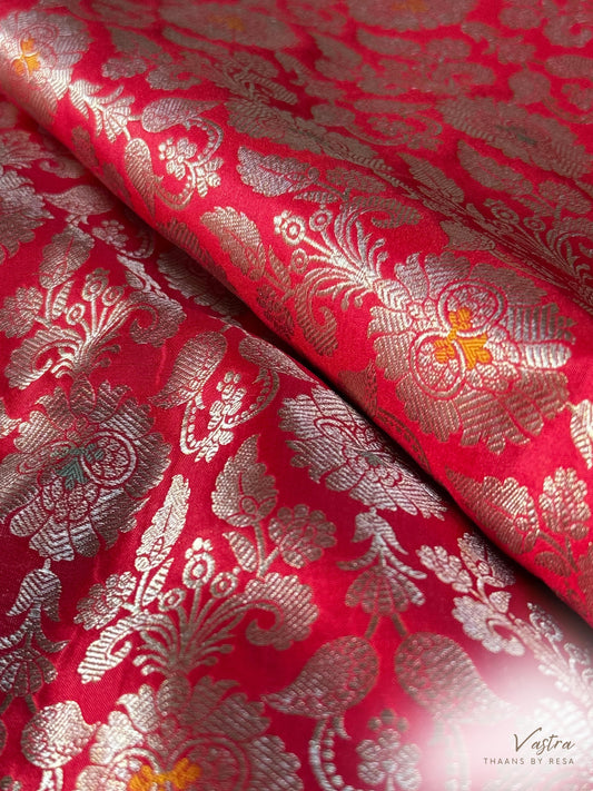 Handwoven Red Silk Meenakari Jaal Fabric Thaan