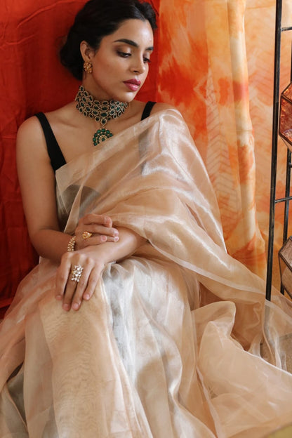 Handwoven Plain Gold Tissue Banarasi Saree