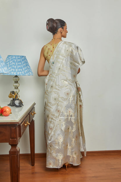 Handwoven Ivory Soft Silk Meenakari Jaal Banarasi Saree