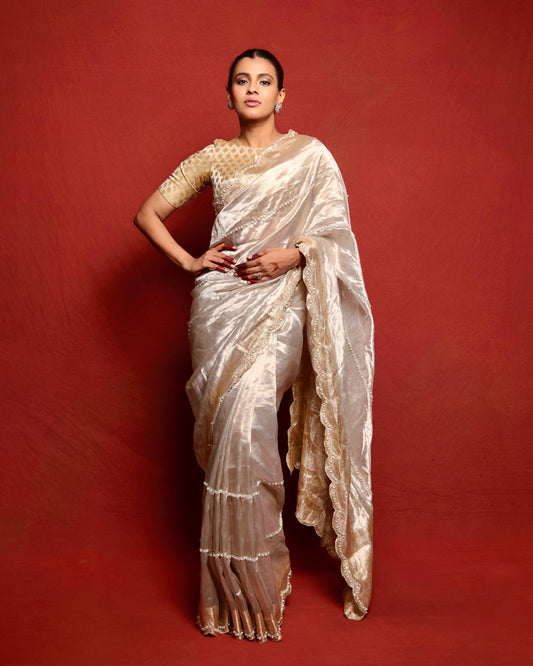 Handwoven Pearl Tissue Embroidered Banarasi Saree