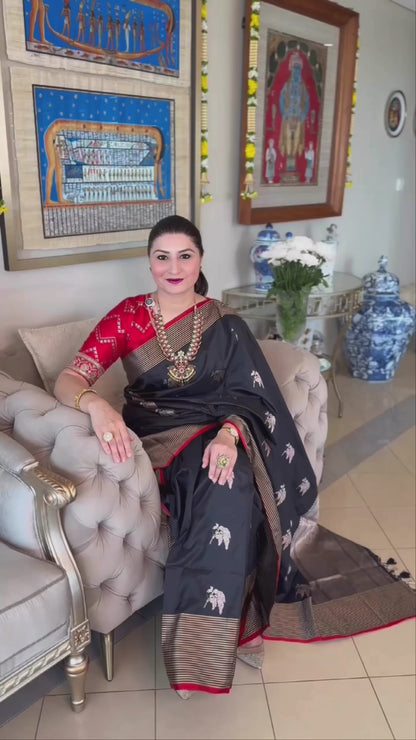 Handwoven Katan Silk Black Striped Border Saree with Kadhwa Butas and Red Meenakari