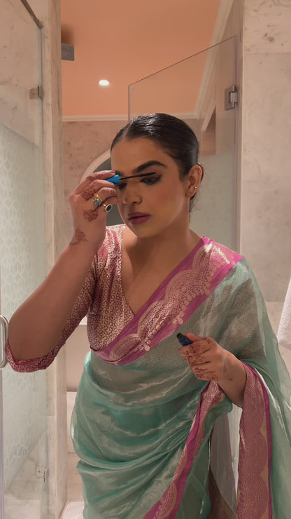 Handwoven Firozi Tissue Saree With Pink Silk Scallop Borders