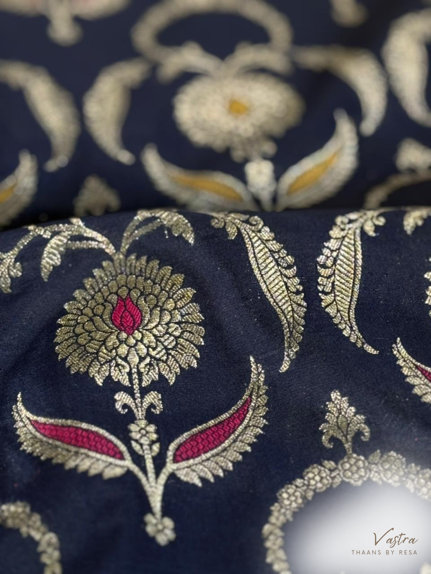 Handwoven Navy Blue Silk Jaal Meenakari Fabric Thaan