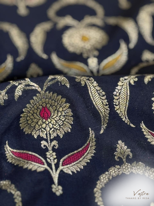 Handwoven Navy Blue Silk Jaal Meenakari Fabric Thaan