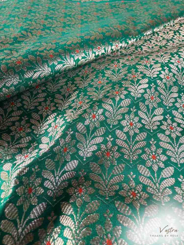 Handwoven Green Silk Brocade Meenakari Fabric Thaan