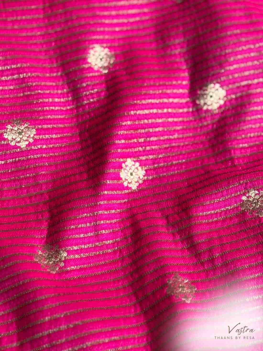 Handwoven Pink Silk Stripe With Flower Boota Fabric Thaan