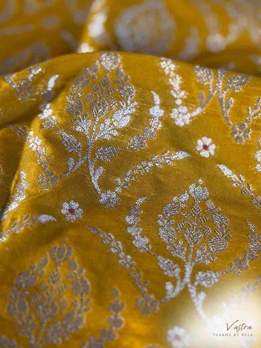 Handwoven Yellow Silk Meenakari Jaal Fabric Thaan
