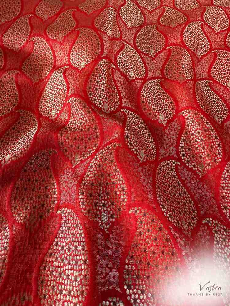 Handwoven Red Silk Paisley Brocade Meenakari Thaan