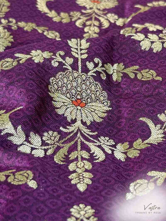 Handwoven Purple Silk Tanchoi Meenakari Jaal Fabric Thaan