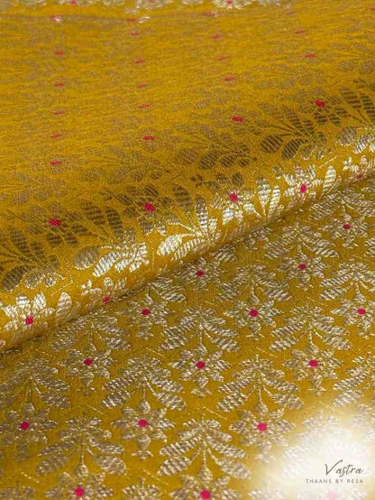 Handwoven Yellow Silk Brocade Meenakari Fabric Thaan