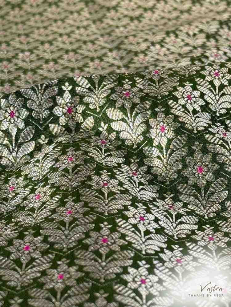 Handwoven Bottle Green Silk Brocade Meenakari Fabric Thaan