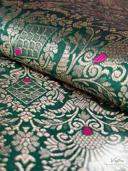 Handwoven Bottle Green Meenakari Brocade Thaan